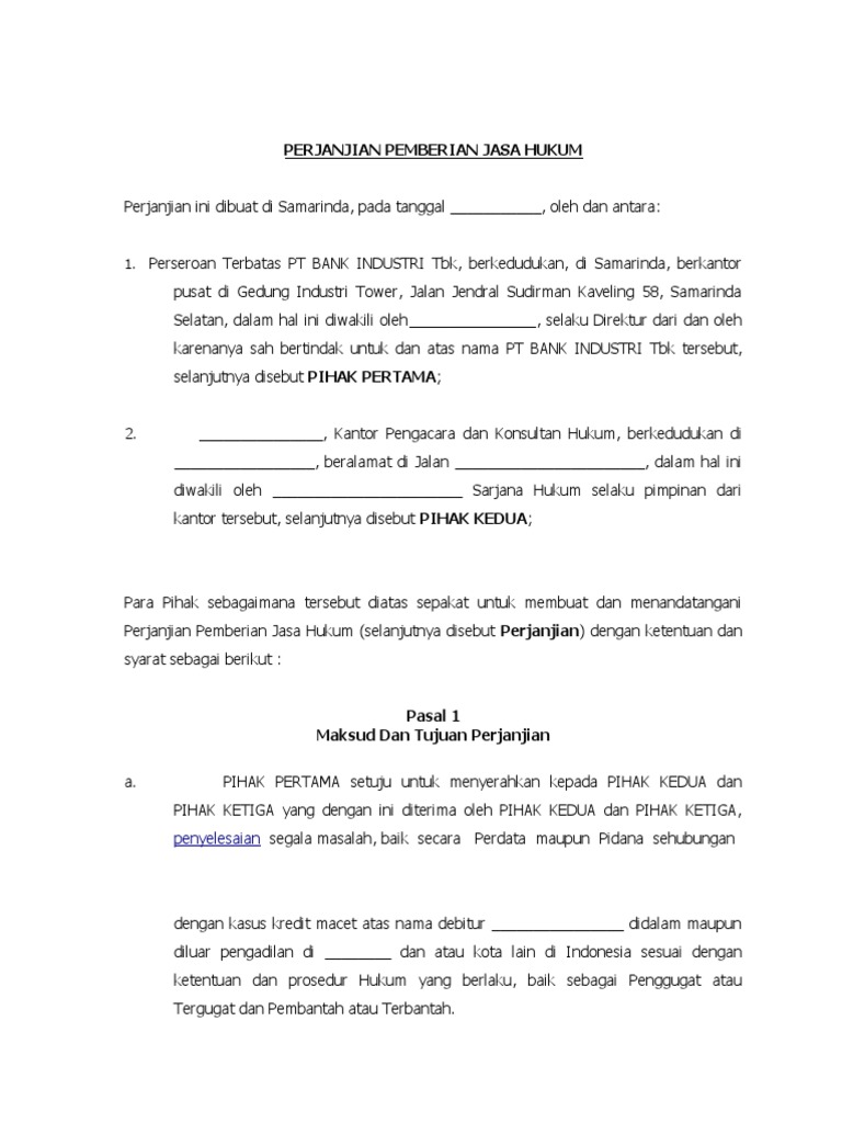 Perjanjian Pemberian Jasa Hukum Project Basis