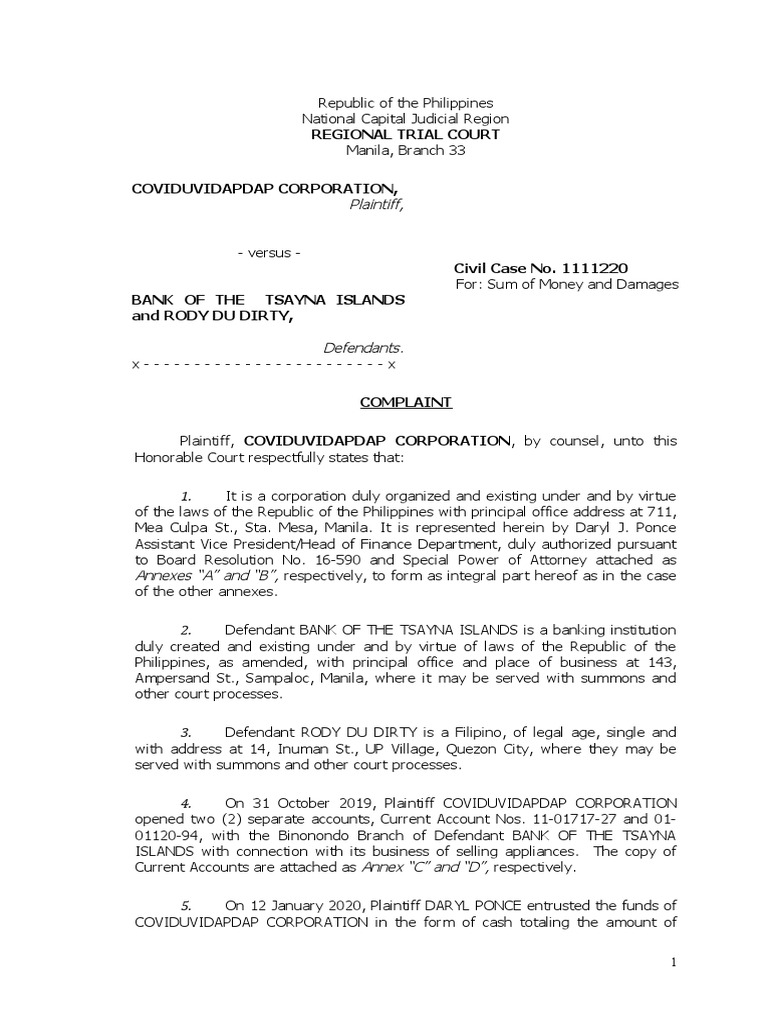 Complaint For Torts Sample | PDF | Lawsuit | Complaint