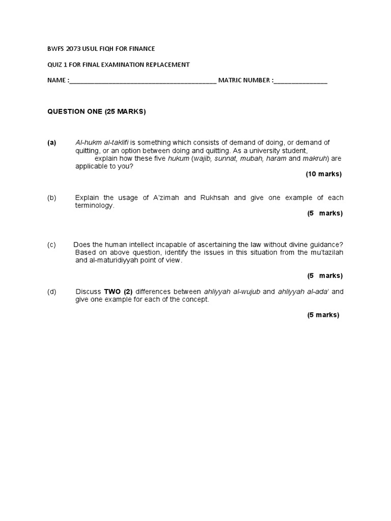 Bwfs 2073 Usul Fiqh For Finance Quiz 1 Pdf Islamic Behaviour And Experience Islamic Jurisprudence