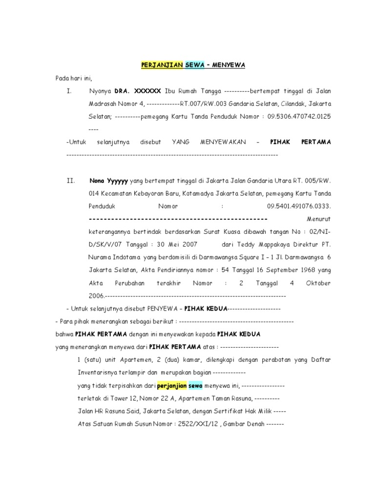 Contoh Surat Perjanjian Sewa Menyewa Apartemen