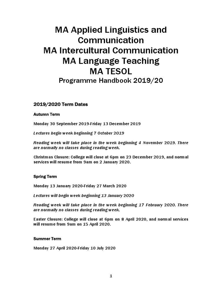 MA Handbook 19-20 | PDF | Cross Cultural Communication | Multilingualism