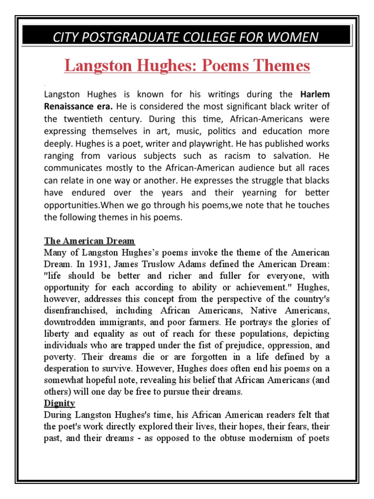 Langston Hughes Poems Themes City Postgraduate College For Women