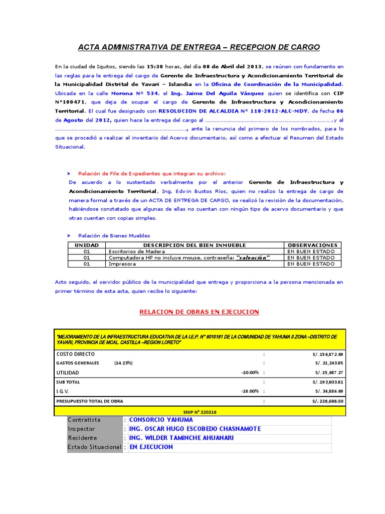 Acta de Entrega de Cargo Municipal | PDF | Salud pública | Saneamiento
