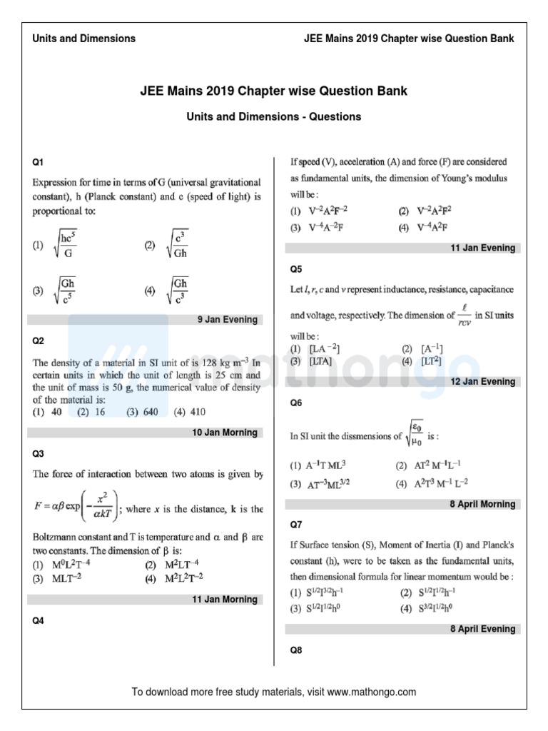JEE Mains 2019 Chapter Wise Question Bank: Units and Dimensions ...