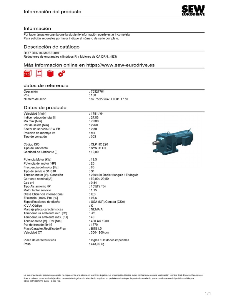 Motorreductor R137 DRN180M4 SEW Eurodrive | PDF
