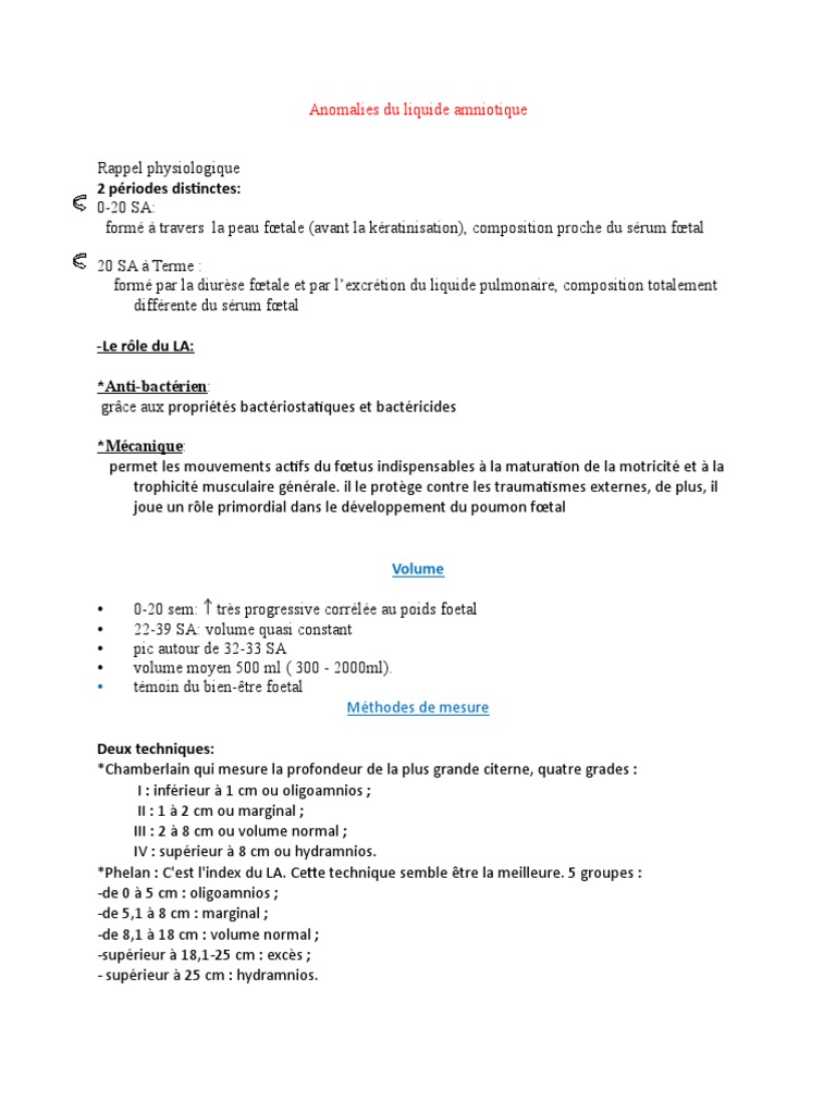 Anomalies Du Liquide Amniotique Pdf Sante Maternelle Reproduction Humaine