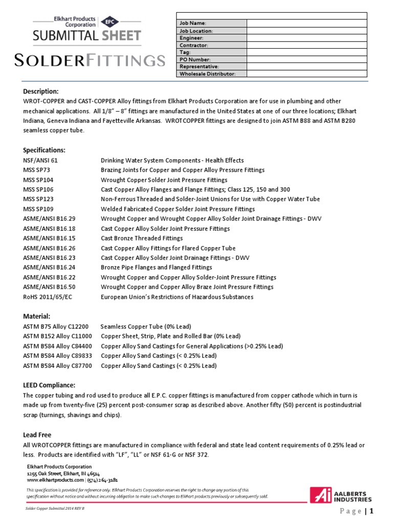 Elkhart Copper Fittings Submittal 2014 | PDF | Solder | Pipe (Fluid ...