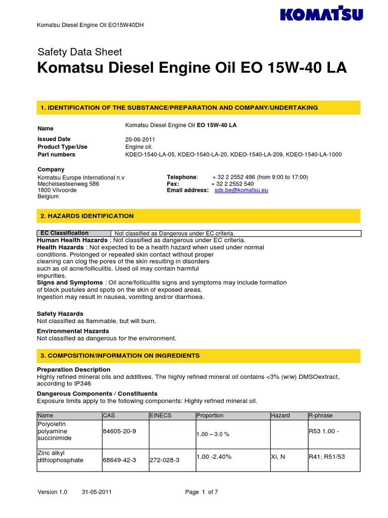 Komatsu Diesel Engine Oil EO 15W40 LA Safety Data Sheet PDF