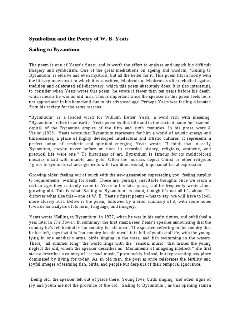 Symbolism and The Poetry of W. B. Yeats Sailing To Byzantium PDF W