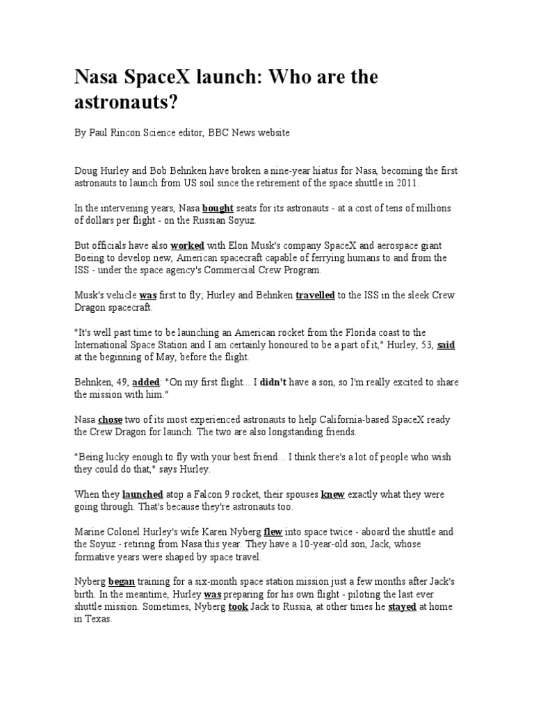 Nasa Spacex Launch Who Are The Astronauts? PDF Space X Space X