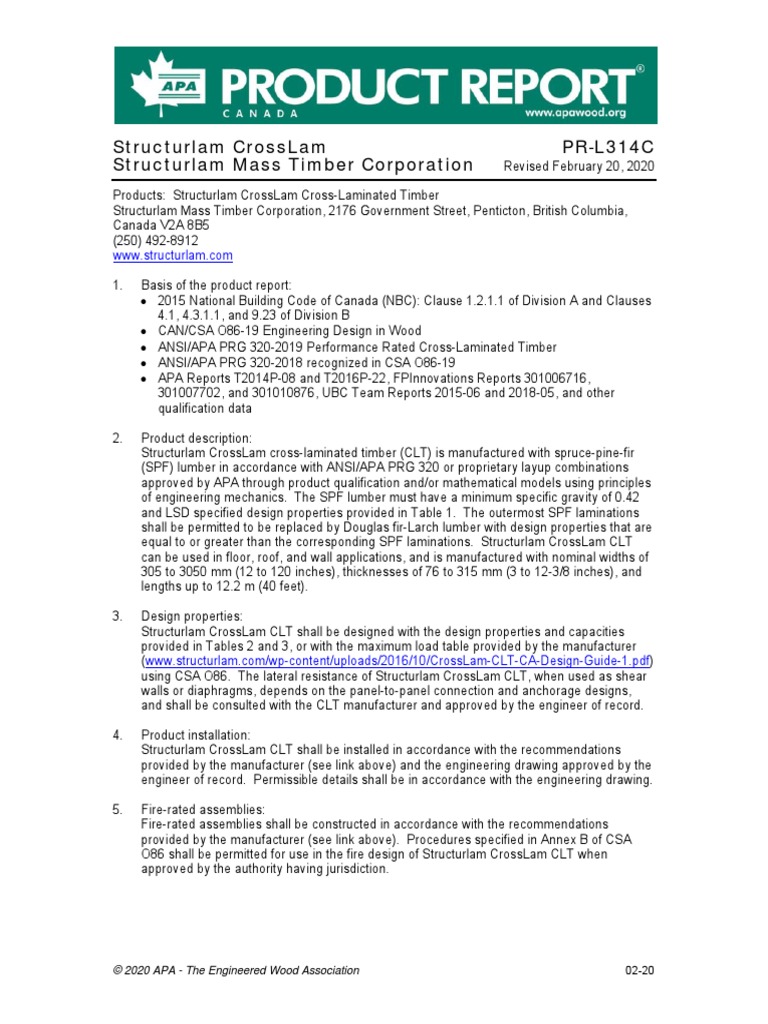 Structurlam Crosslam Pr-L314C Structurlam Mass Timber Corporation | PDF ...