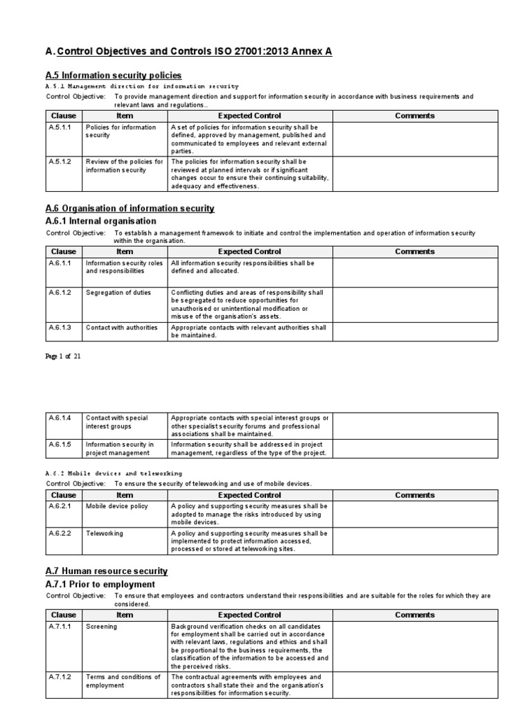 ISO 27001:2013 Annex A Controls Overview | PDF | Information Security ...