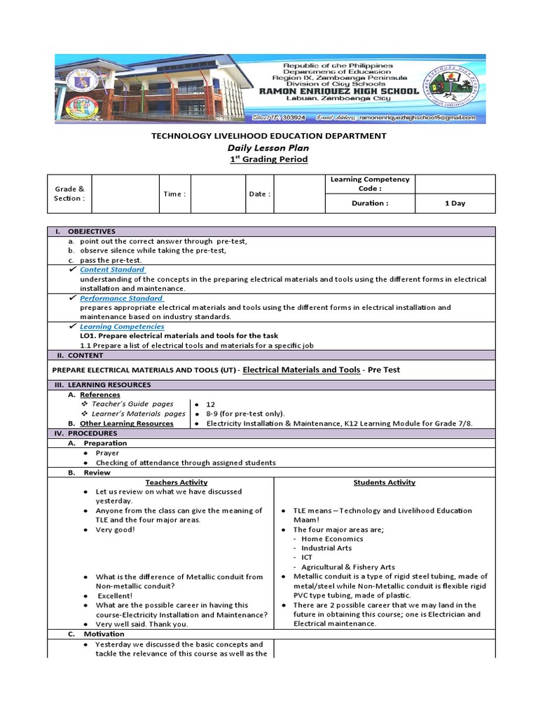 Daily Lesson Plan for Electrical Tools | PDF | Insulator (Electricity ...