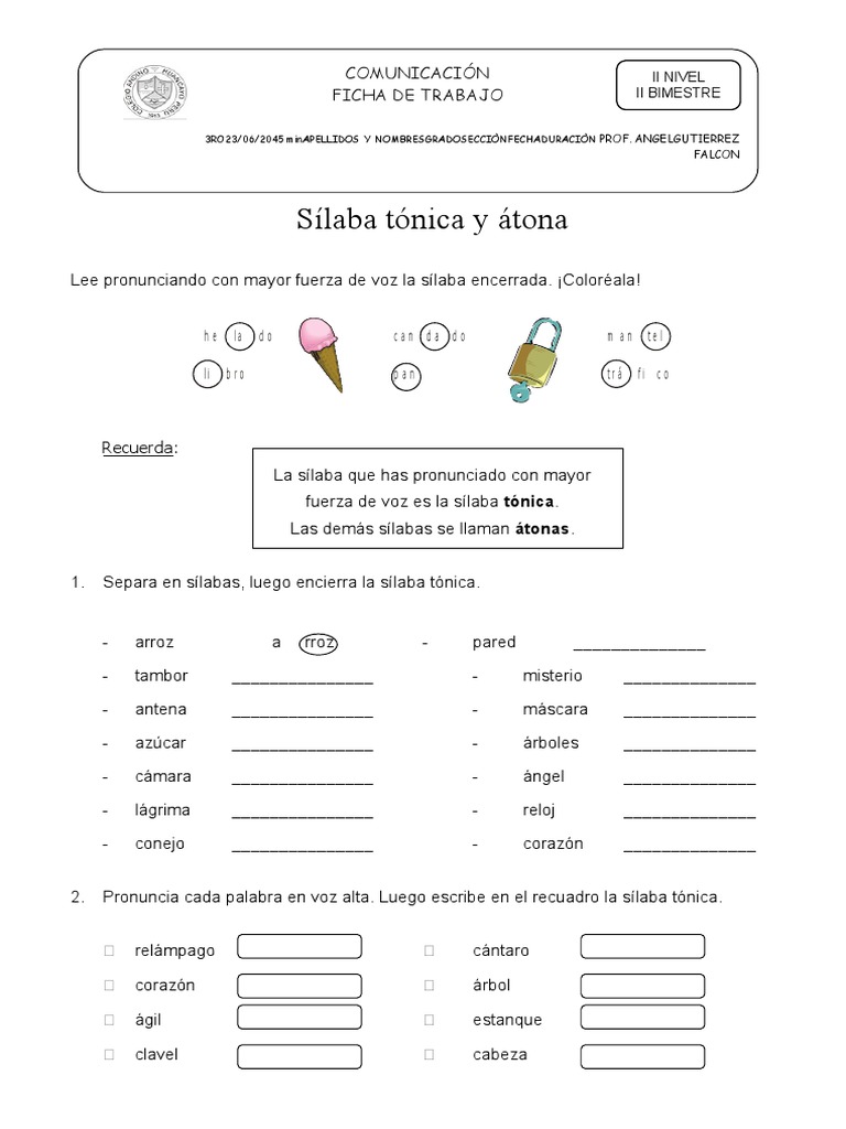 Ejercicios de Sílaba Tónica y Átona | PDF