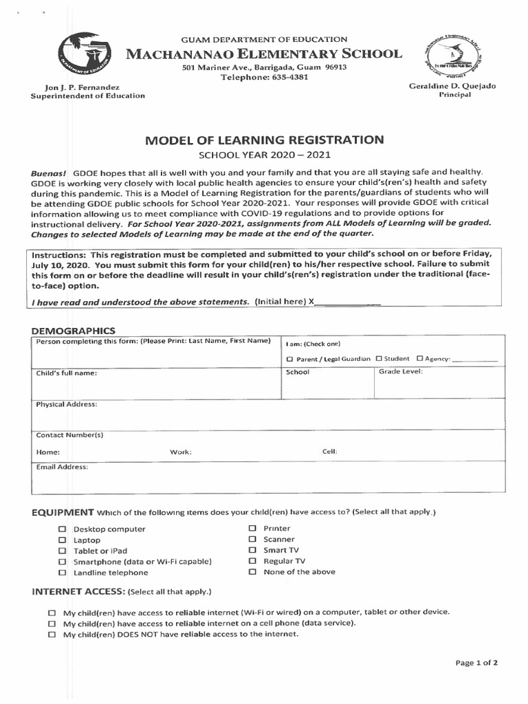 model of learning registration form signed