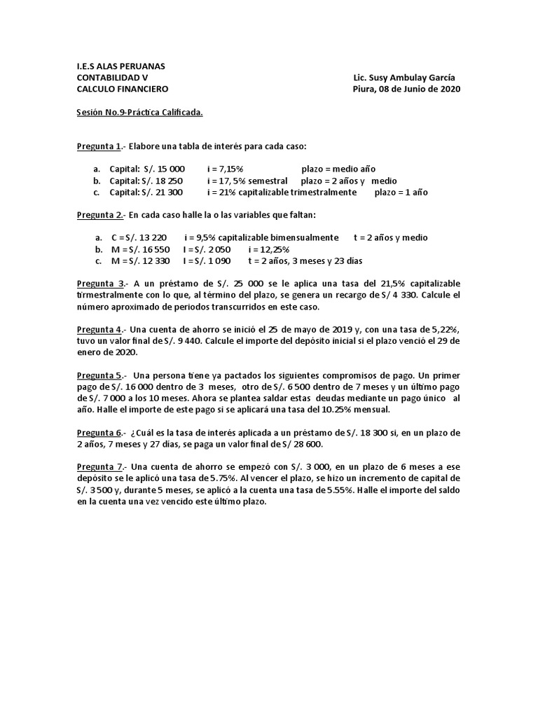 Ejercicios de Cálculo Financiero 2020 | PDF | Finanzas y dinero
