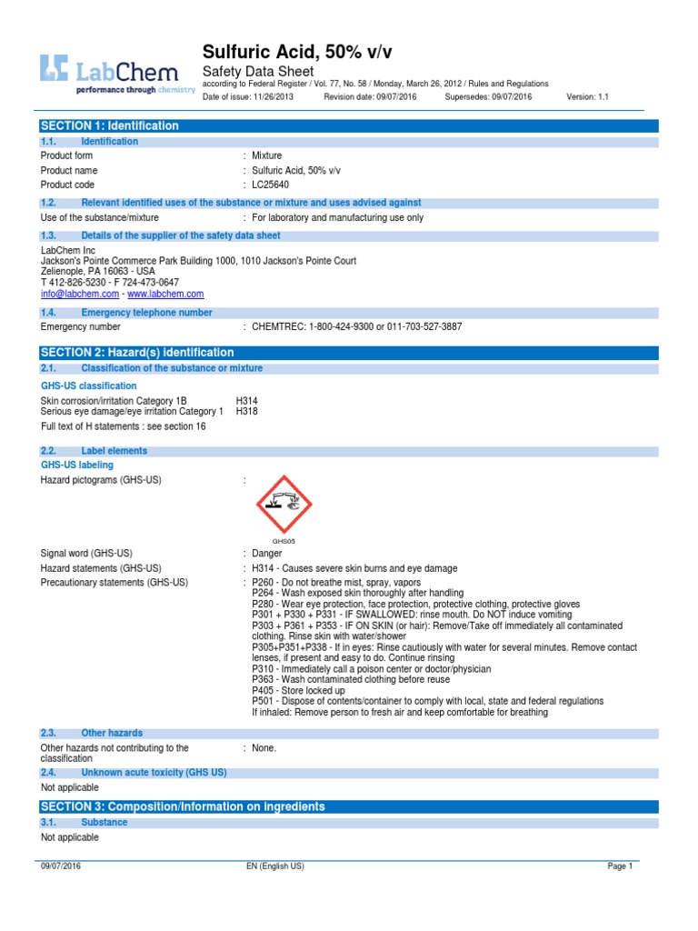 MSDS Sulphuric Acid 50 PDF Toxicity Firefighting