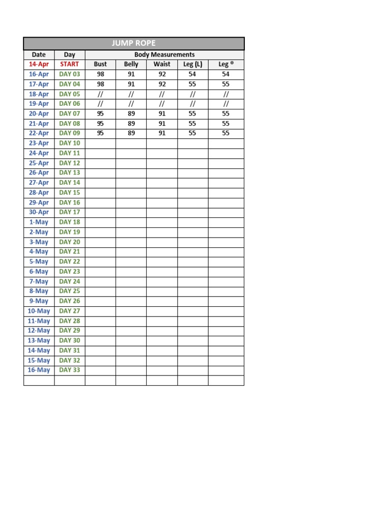 Jump Rope: Date Day Body Measurements Bust Belly Waist Leg (L) Leg ® | PDF