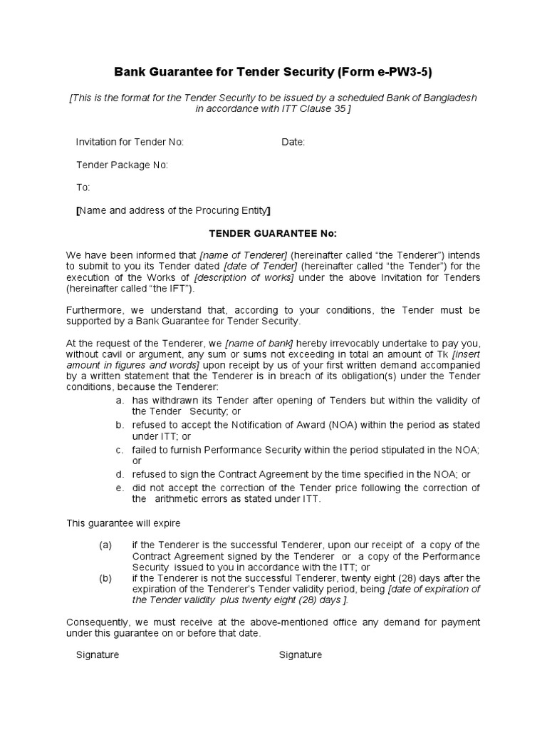 Bank Guarantee Format for Tender Security | PDF | Guarantee | Private Law