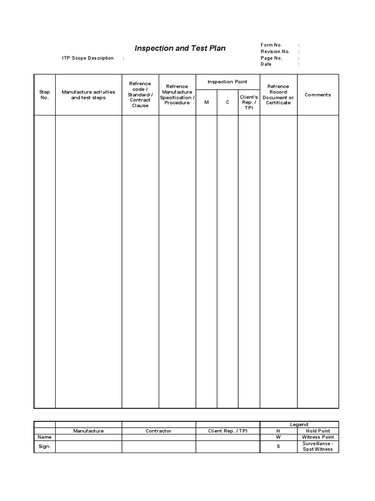 Inspection and Test Plan: Form No.: Revision No.: ITP Scope Description ...