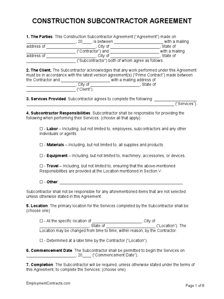Construction Subcontractor Agreement Template | PDF | Indemnity ...