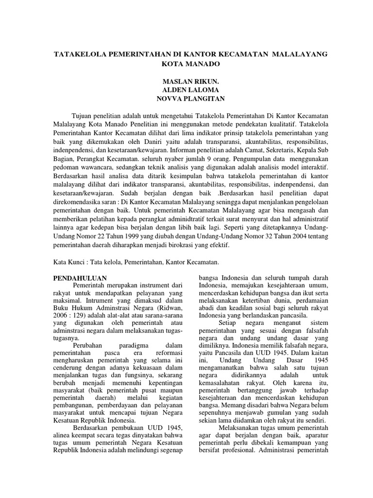 Tata Kelola Pemerintahan Malalayang | PDF | Karier & Perkembangan | Politik