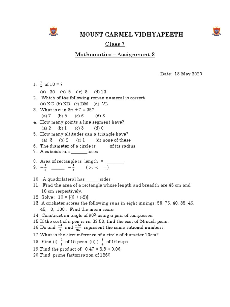 Mount Carmel Vidhyapeeth: Class 7 Mathematics - Assignment 3 | PDF ...
