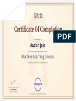 Aadish Jain awarded Certificate for Machine Learning Course