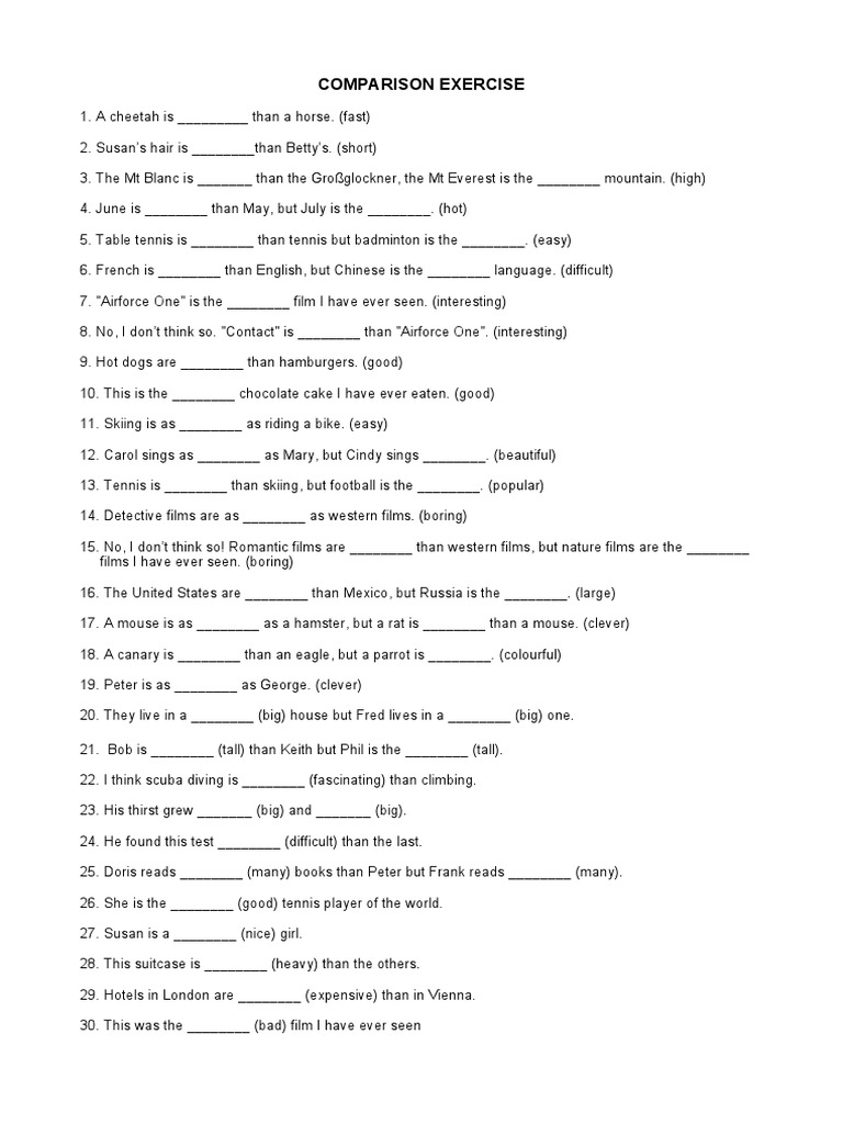 Comparison Exercises Worksheet | PDF