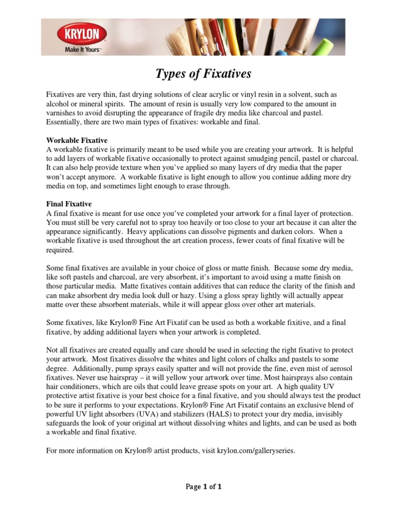 Types of Fixatives Workable Fixative PDF Pastel Art Media