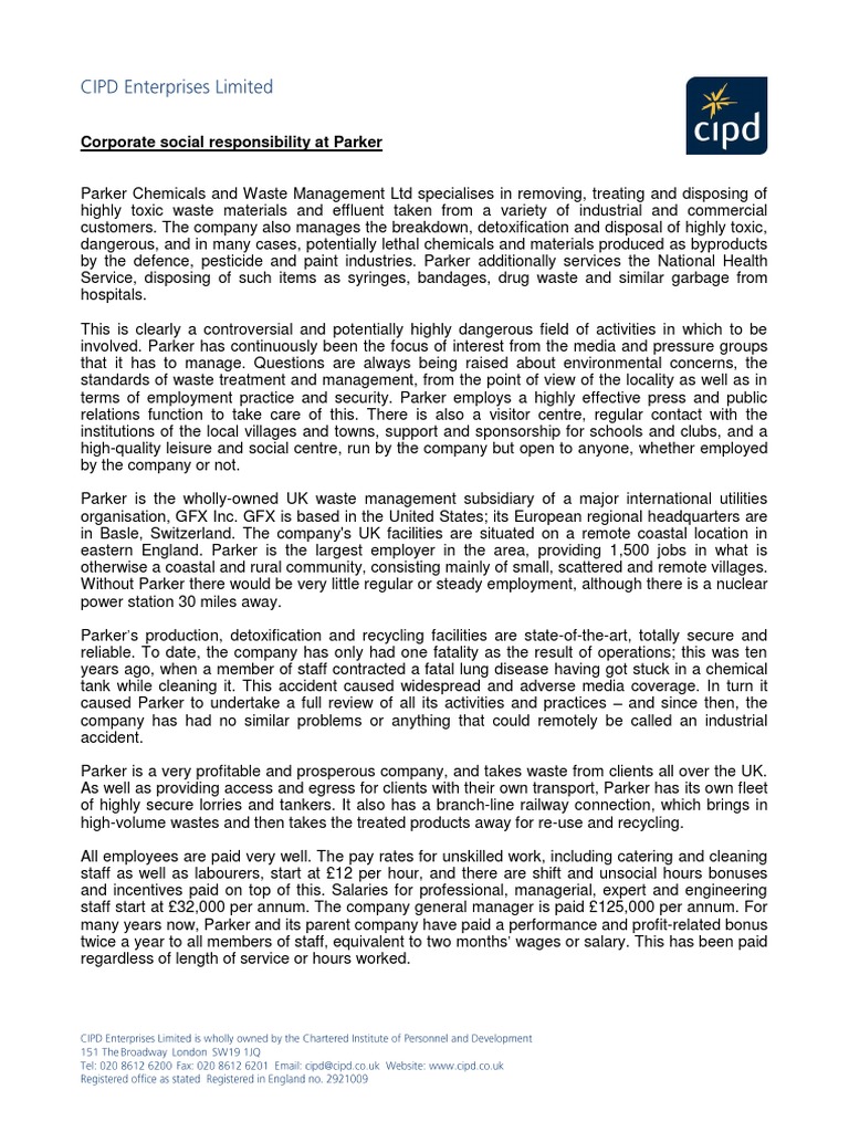 CIPD Corporate Social Responsibility at Parker PDF PDF Waste