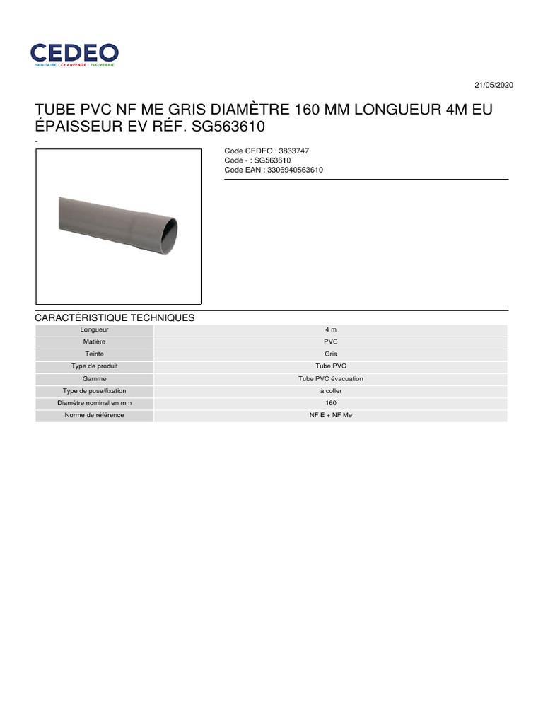 Tube PVC pour évacuation NF, longueur de 4m