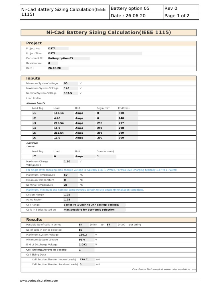 NiCad Battery Sizing Calculation (IEEE 1115) PDF Battery Charger