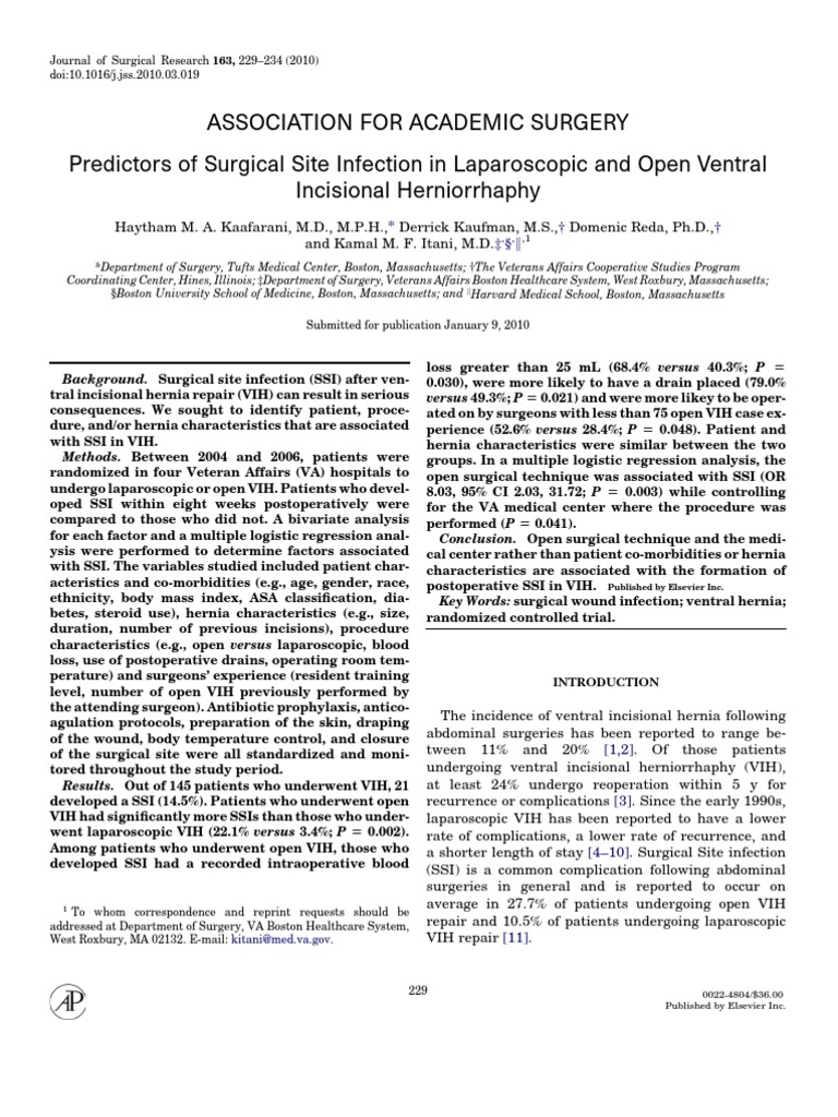Predictors of Surgical Site Infection in Laparoscopic and Open Ventral ...