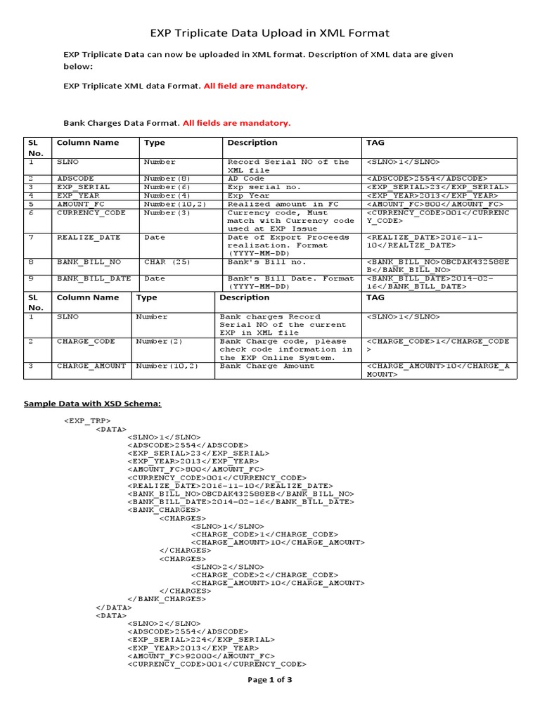 XML Format for EXP Triplicate Upload | PDF | Xml | File Format