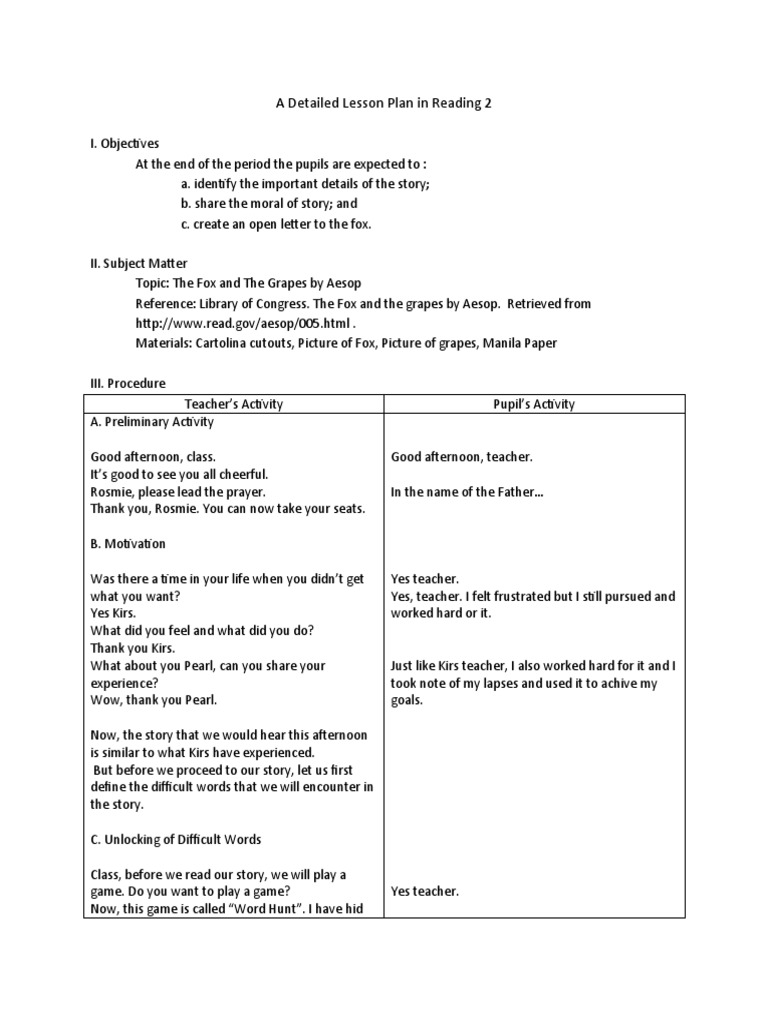 Grade 2 Reading Lesson Plan: Aesop's Fox | PDF | Learning | Cognition