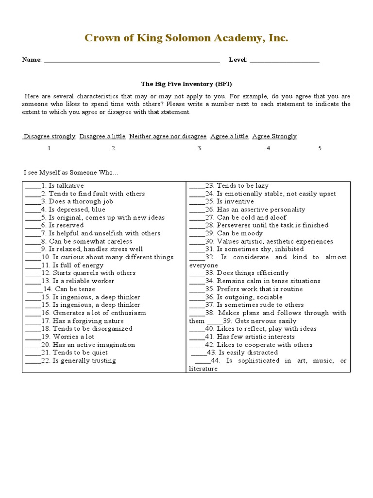 Big Five Inventory Personality Test | PDF | Psychological Concepts ...