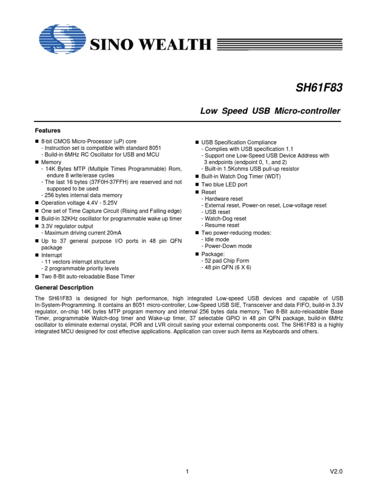 SH61F83 Low-Speed USB Microcontroller | PDF | Usb | Microcontroller