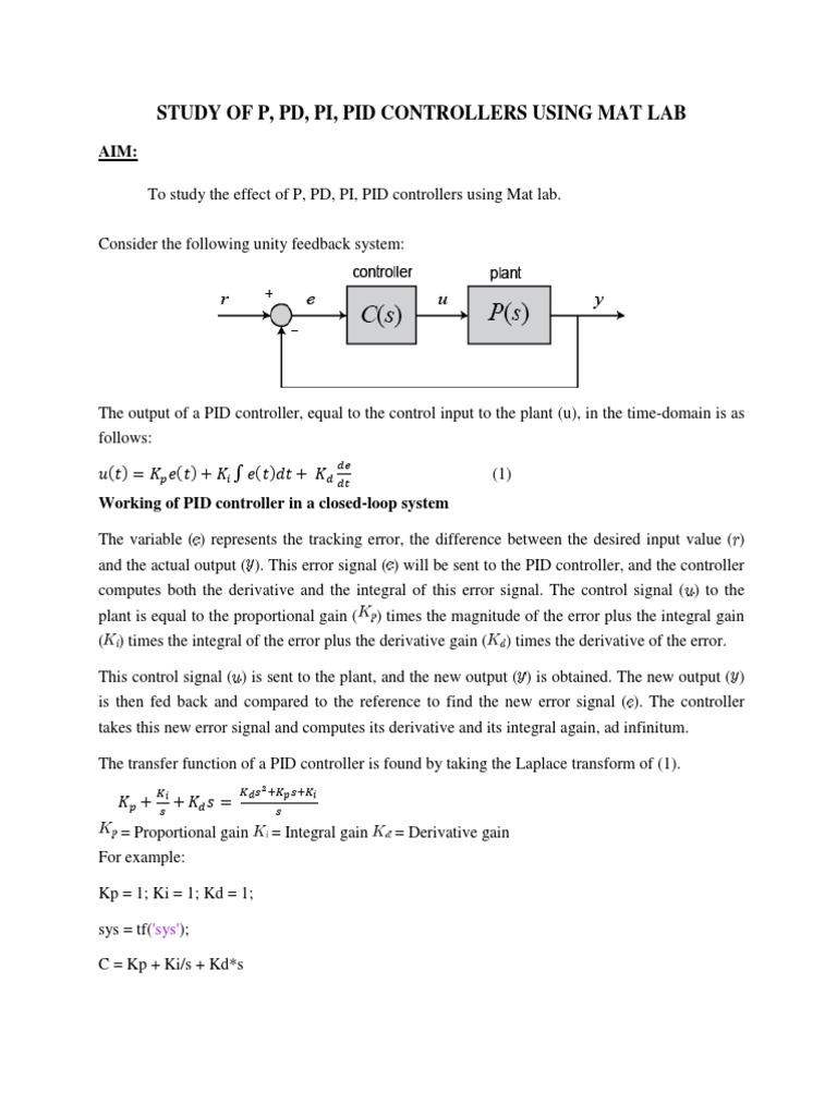 Study of P, PD, Pi, Pid Controllers Using Mat Lab | PDF | Control ...