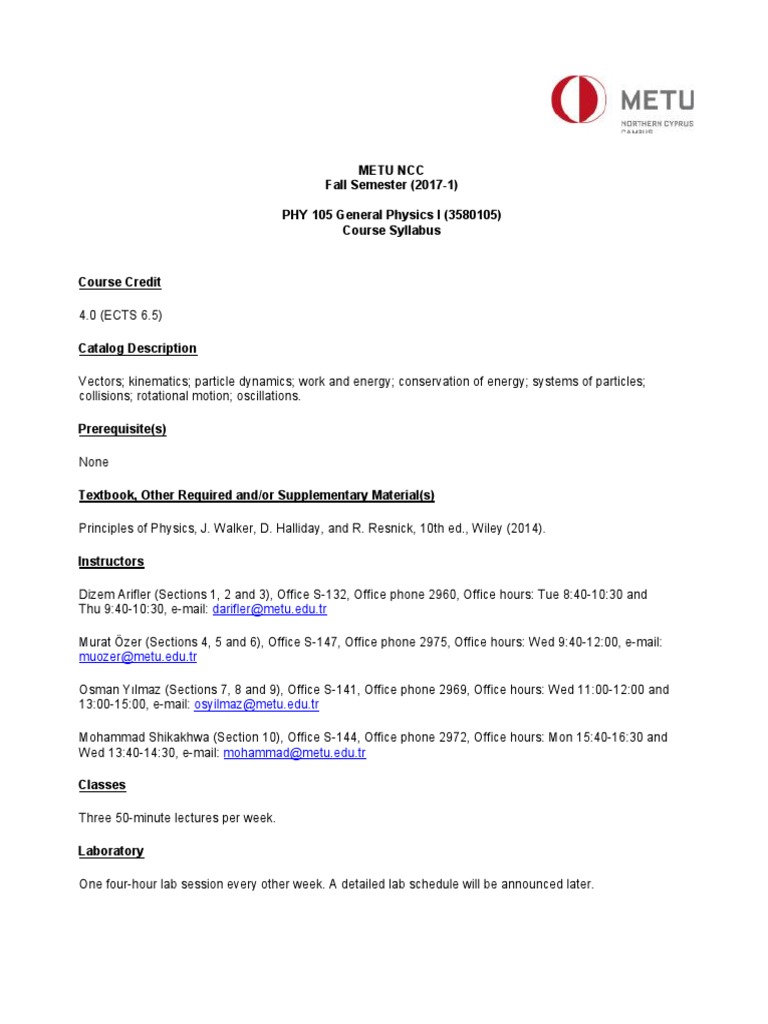 Metu NCC Fall Semester (2017-1) PHY 105 General Physics I (3580105 ...