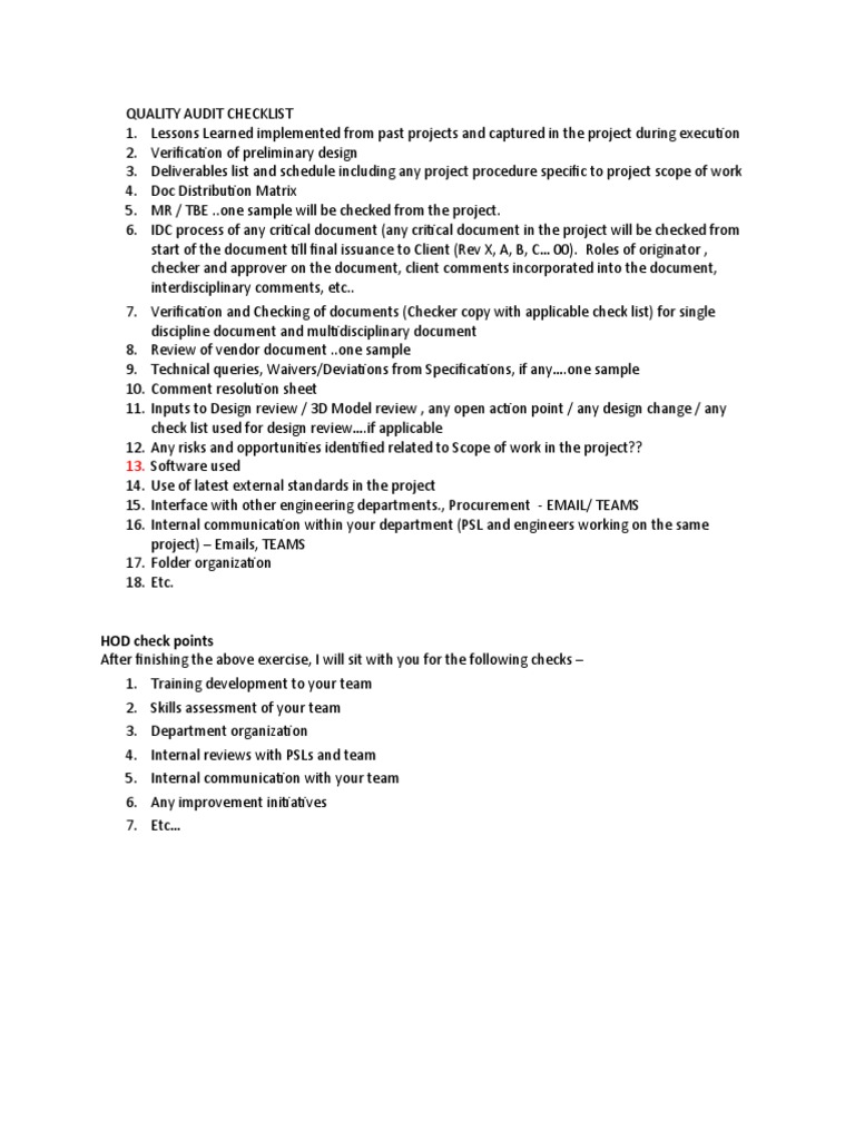 Quality Audit Checklist for Projects | PDF