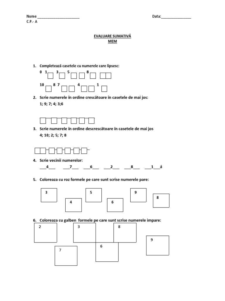 Test Evaluare Sumativa Mem Clasa Pregatitoare | PDF