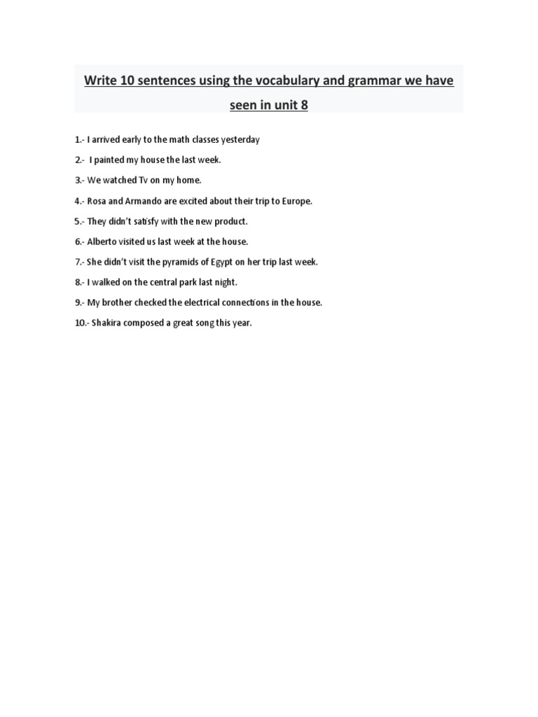 Unit 8 Vocabulary Practice Sentences | PDF