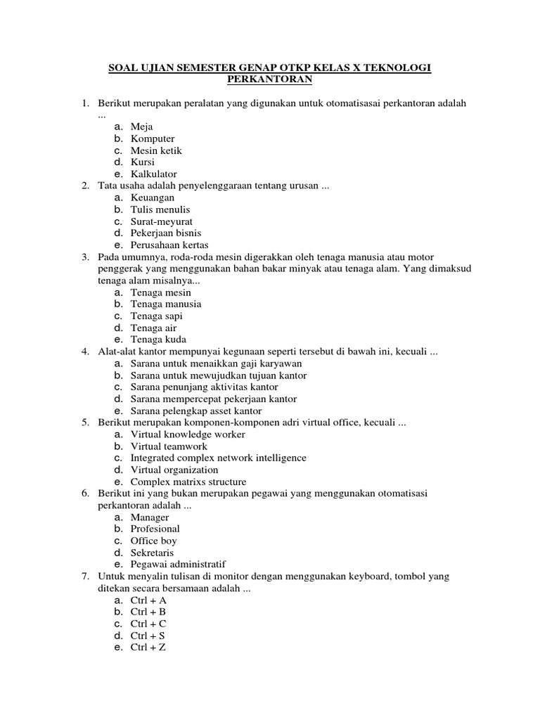 Soal Ujian Semester Genap Otkp Kelas X Teknologi Perkantoran Dikonversi