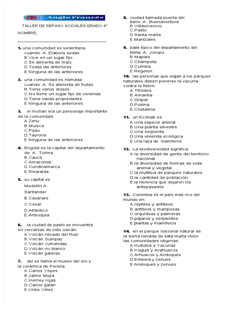 Taller de Sociales Grado 4° PDF | PDF | Colombia | Agua