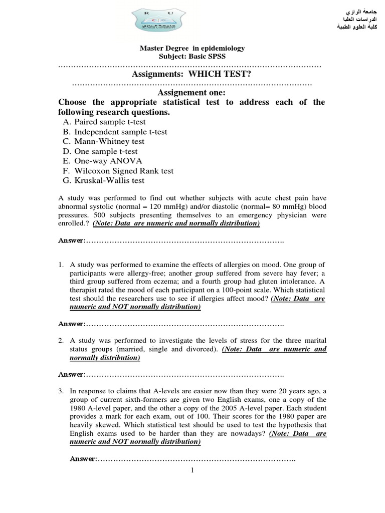 Assignments: WHICH TEST? Assignement One: Choose The Appropriate ...