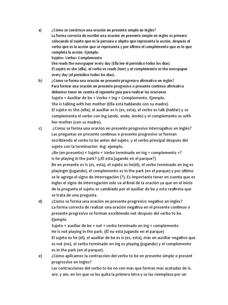 Cómo Se Construye Una Oración en Presente Simple en Ingles | PDF ...