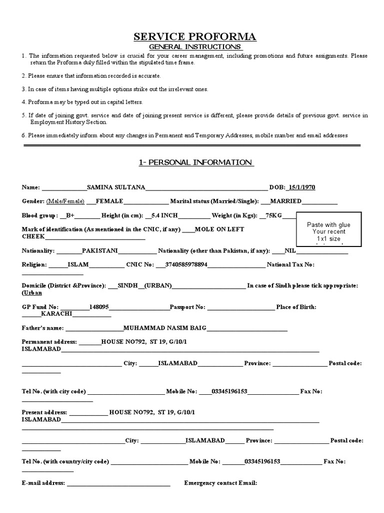 Service Proforma: 1-Personal Information | PDF
