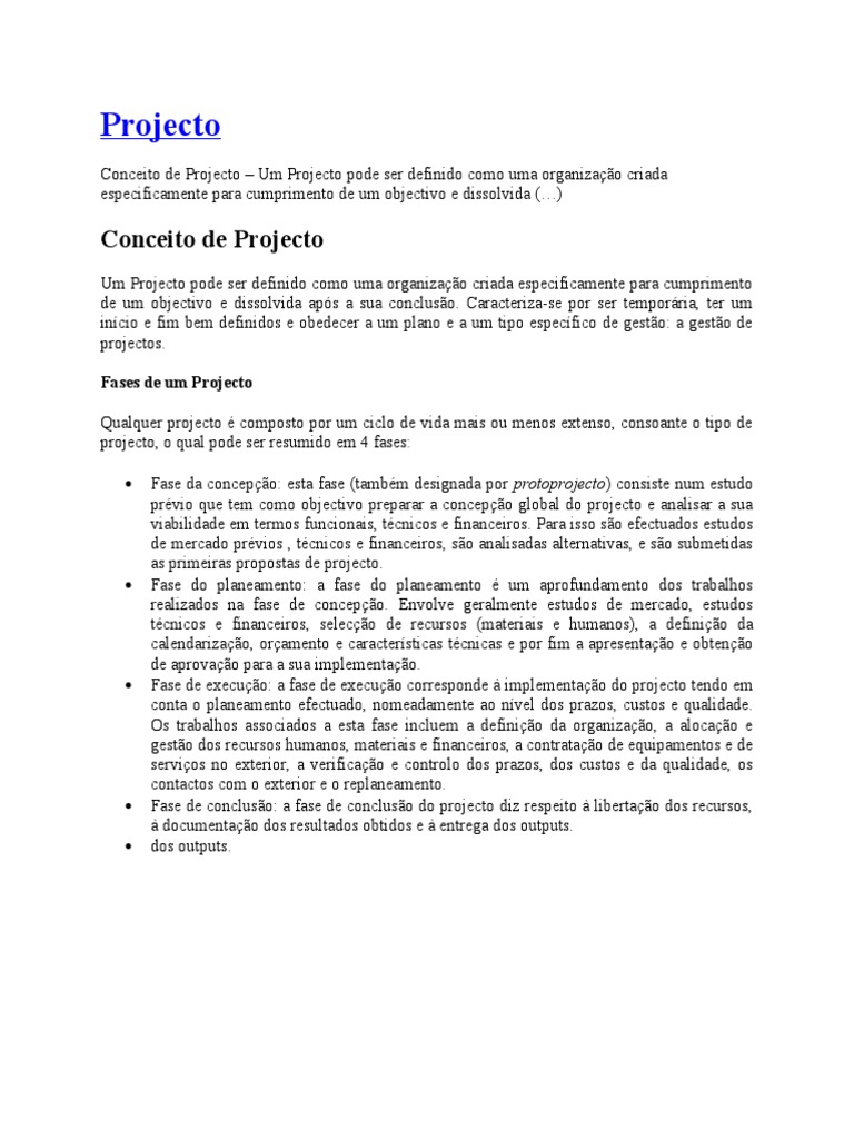 Projecto - Conceito | PDF | Planejamento | Qualidade (negócios)