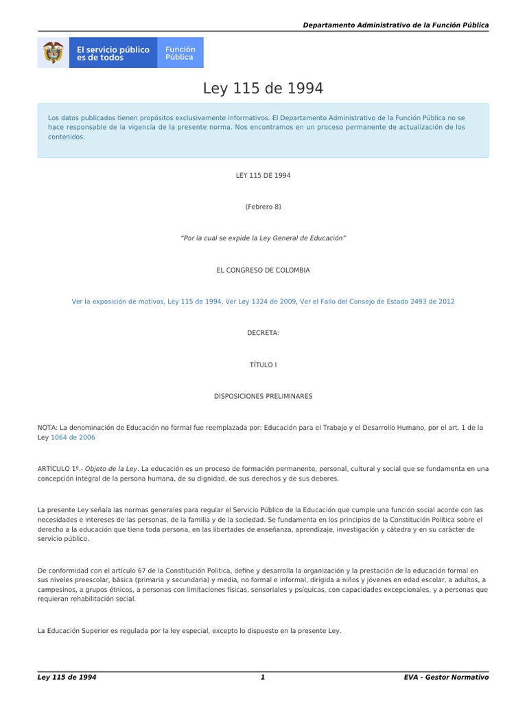 Ley 115 De 1994 Pdf Pdf Educación De La Primera Infancia